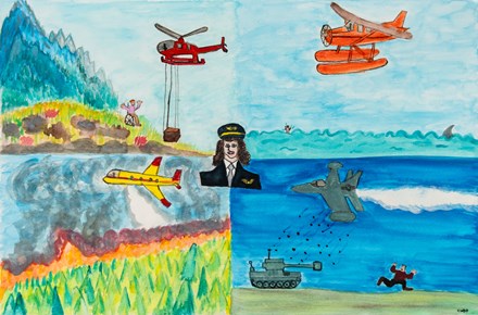 Illustration of a vintage biplane parked on a grassy field, with a pilot in early aviation attire standing beside it. A sign in the background advertises a barnstorming show. The blue sky is clearn and there are tiny buildings in the distance. 2025 International Aviation Art Contest winner.