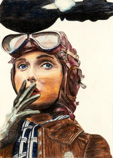 A woman wearing vintage aviator gear with goggles on her helmet looks surprised, covers her mouth with a gloved hand. Winner of the 2025 International Aviation Art Contest.