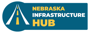 Nebraska Infrastructure Hub logo with a stylized highway icon, representing a resource for funding infrastructure projects.