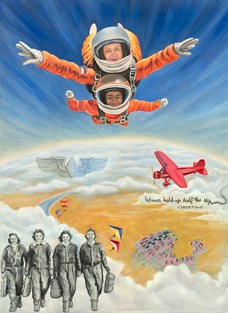 Two astronauts in orange space suits float through a vibrant sky, surrounded by clouds, aircraft, and the quote "Women hold up half the sky." Winner of the 2025 International Aviation Art Contest.