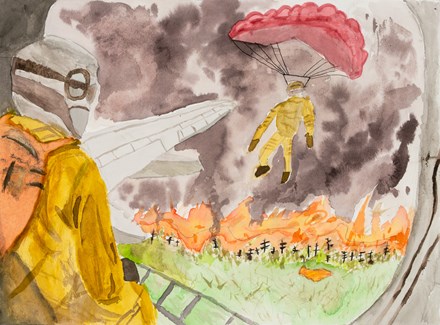 A colorful drawing of two historic aviators, Amelia Earhart and Bessie Coleman, surrounded by planes and the text "Women with Wings." 2025 International Aviation Art Contest winner.